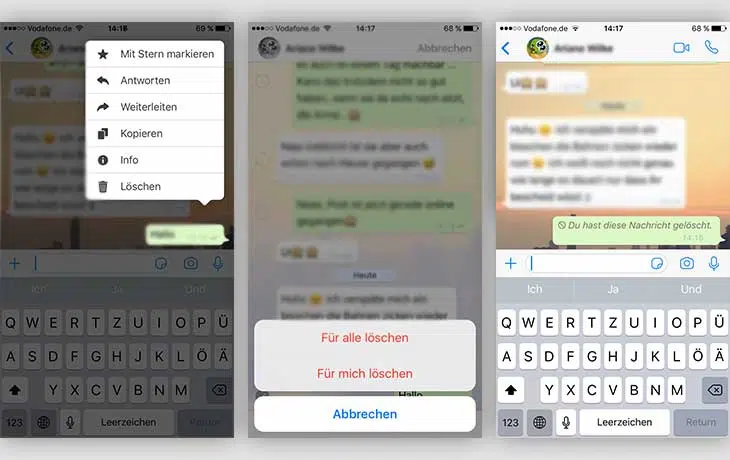 WhatsApp-Naricht löschen: Schreenshots vom Ablauf