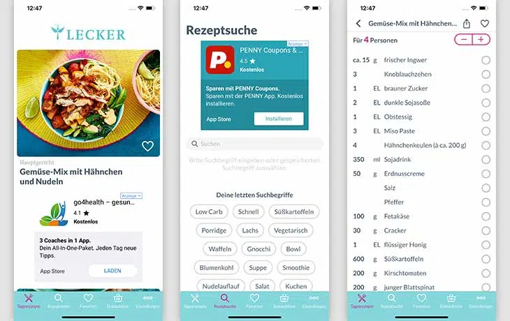 Rezepte-App: Screenshots LECKER