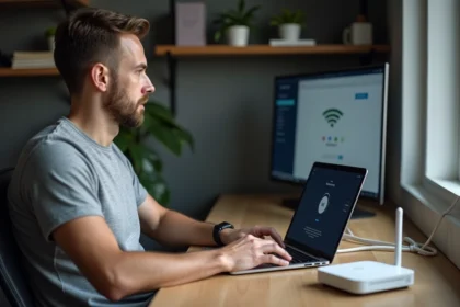 Homme accédant à l'interface d'administration de sa box internet via un navigateur web sur un ordinateur portable