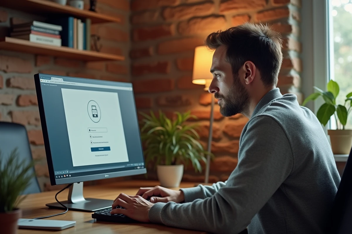 Homme se connectant de manière sécurisée à sa messagerie Zimbra depuis son bureau à domicile