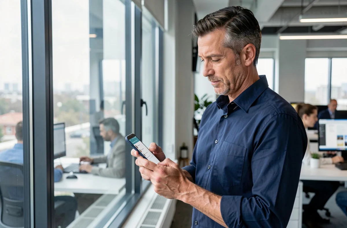 Homme accédant à son webmail professionnel sur smartphone dans un open space moderne