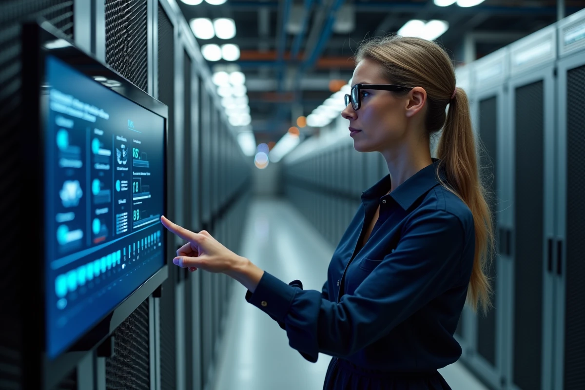 Administratrice système devant des racks de serveurs supervisant une migration de disques virtuels en datacenter