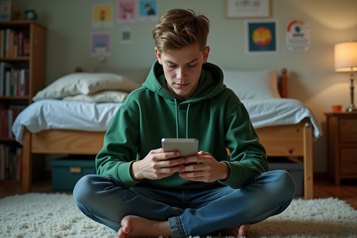 Adolescent concentré sur son smartphone dans sa chambre