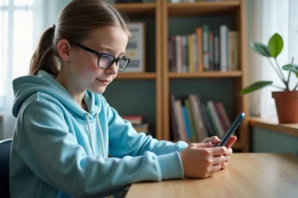 Adolescente consultant ses notes et absences sur une application scolaire ENT depuis son smartphone dans sa chambre