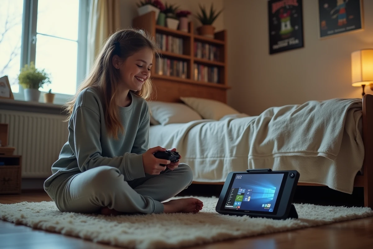 Adolescente jouant à la console dans une chambre cosy