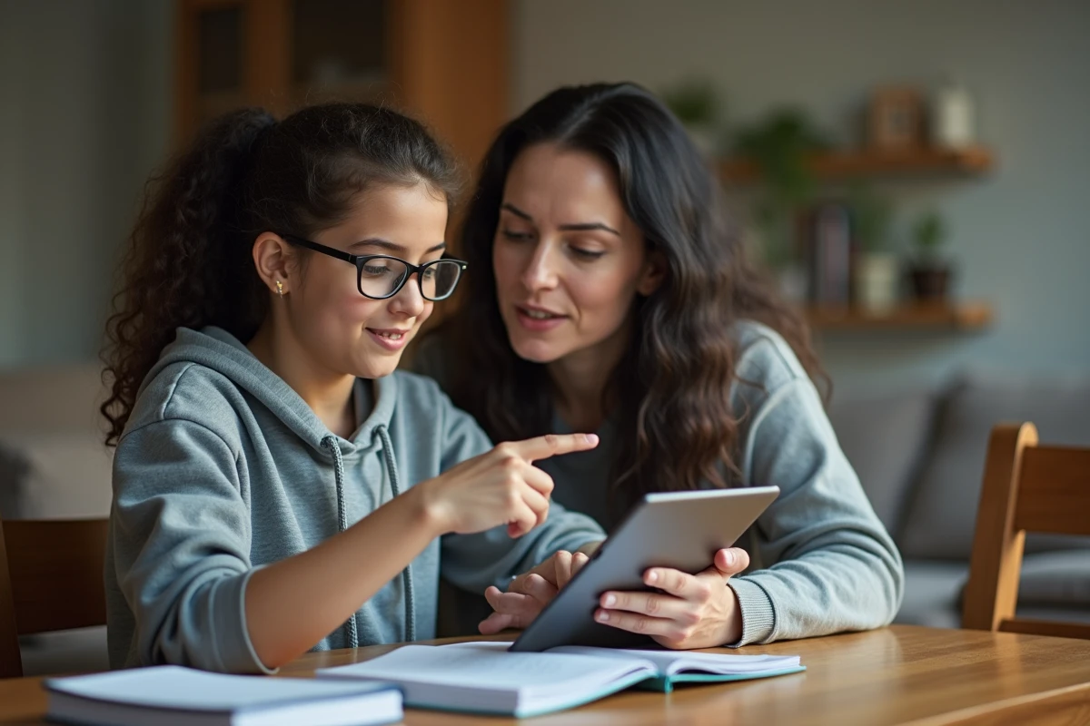 Adolescente expliquant l'application ENT77 à sa mère pour faciliter le suivi scolaire à distance en famille recomposée