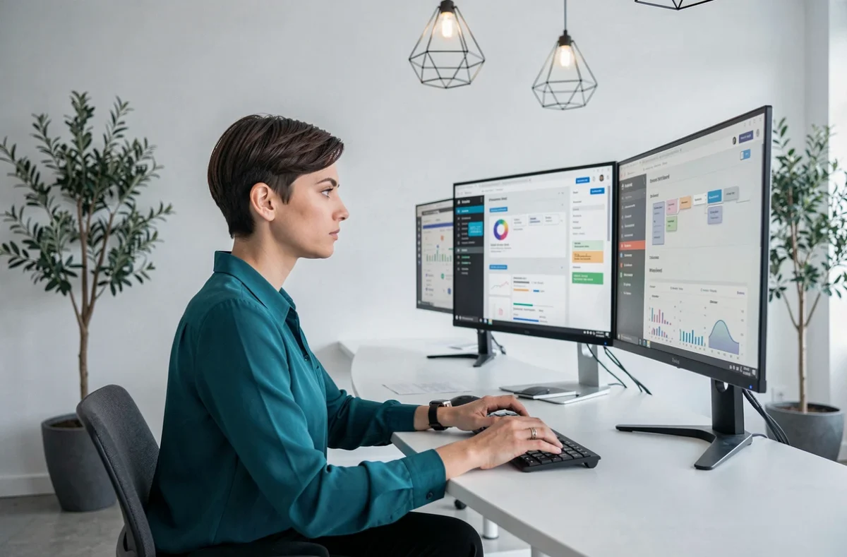 Spécialiste digitale de l'agence Adveris analysant des données web et des interfaces UX alimentées par l'intelligence artificielle