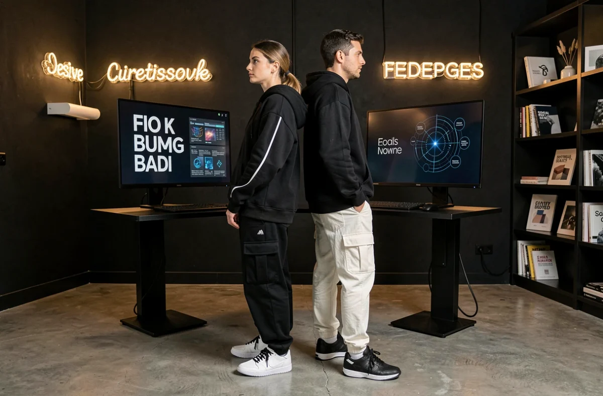 Équipe créative de l'agence Blaaaz dans un studio design moderne travaillant sur des identités visuelles générées par intelligence artificielle