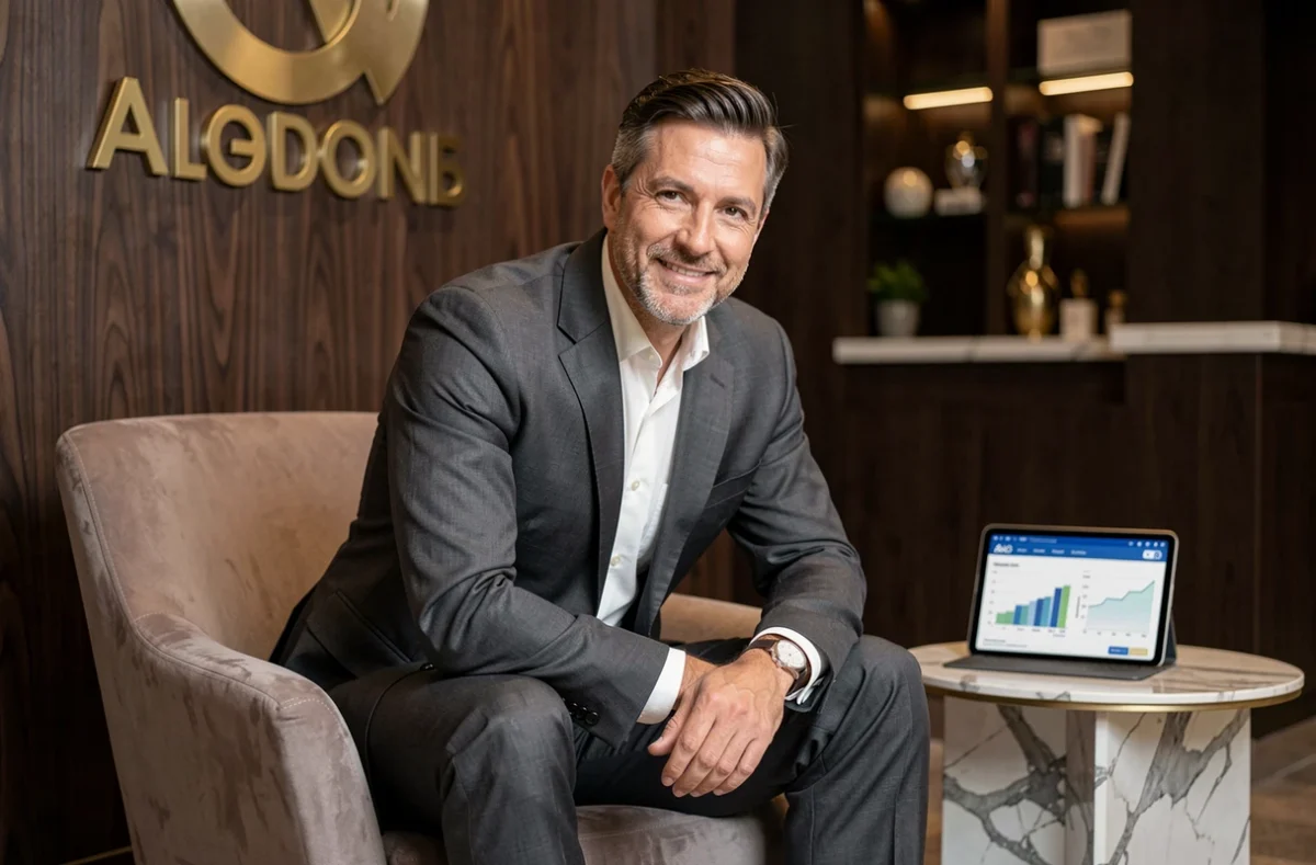 Dirigeant de l'agence Bradford dans un espace de réception élégant avec des données de campagne digitale sur une tablette