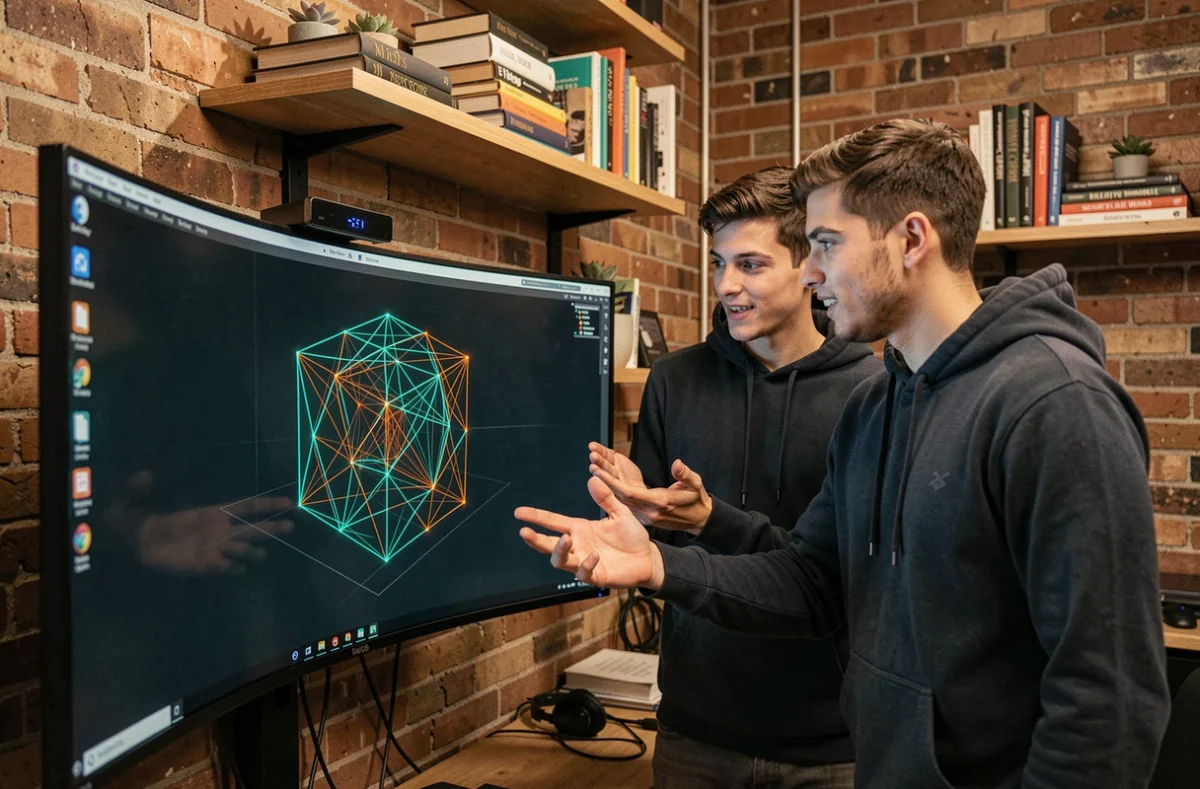Deux développeurs de l'agence CUB3 collaborant sur un modèle d'intelligence artificielle en 3D dans un studio créatif