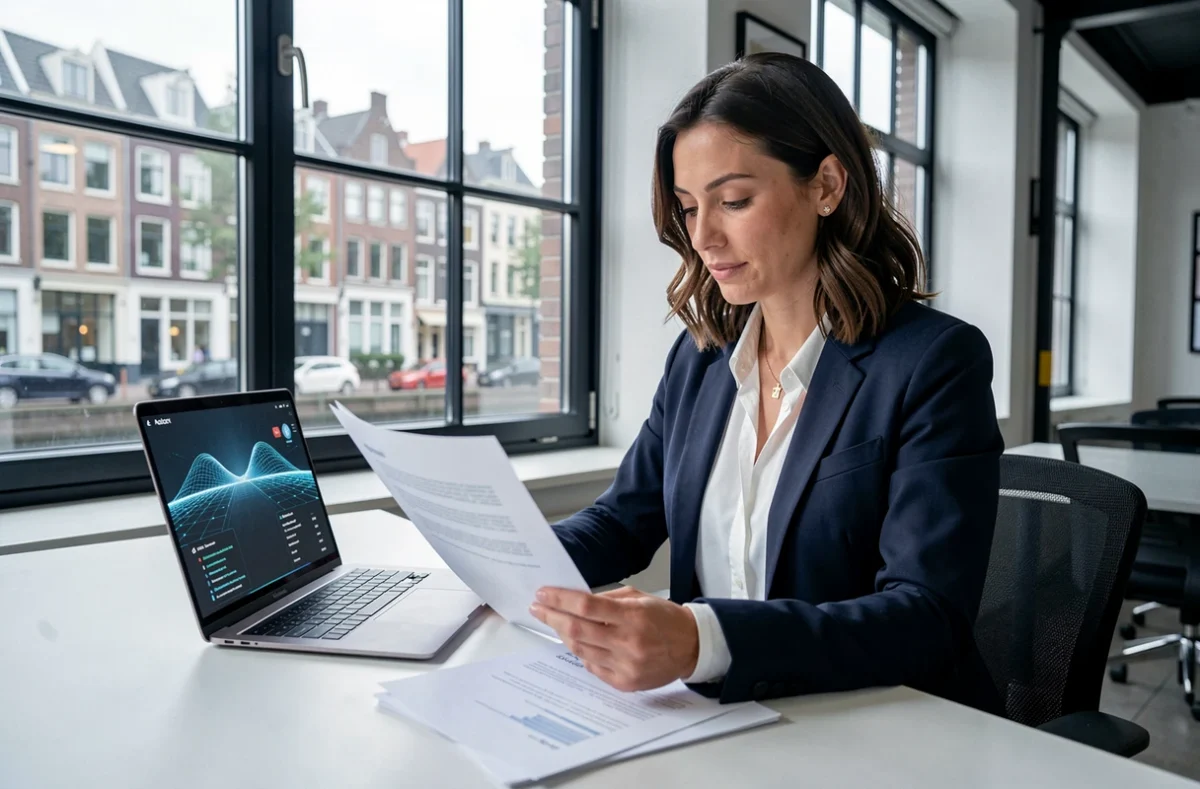 Professionnelle de l'agence Dreambridge B.V. travaillant sur une stratégie d'intelligence artificielle dans un bureau moderne