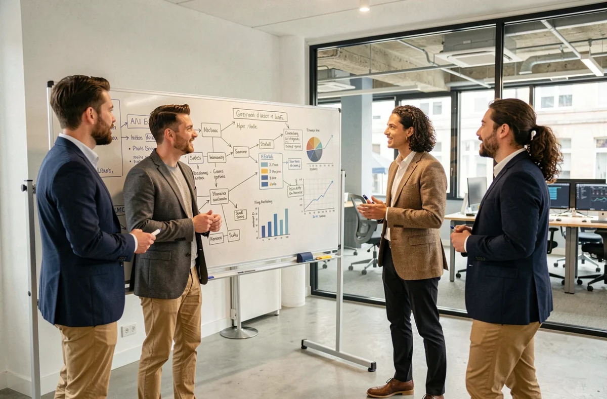 Équipe de l'agence NOIISE en réunion stratégique autour d'un tableau de planification digitale et d'analyses IA