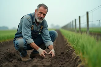 Agriculteur examinant le sol de son champ de blé, illustration de l'unité de travail humain en agriculture