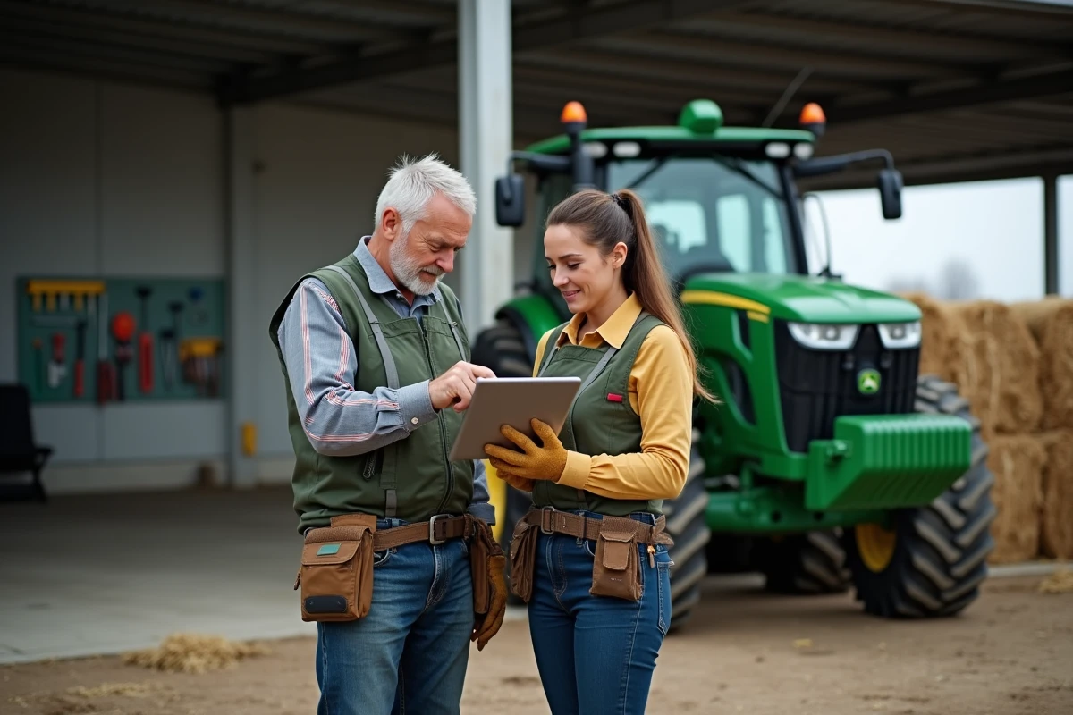 Deux agriculteurs consultant une application de gestion UTH sur tablette dans une cour de ferme