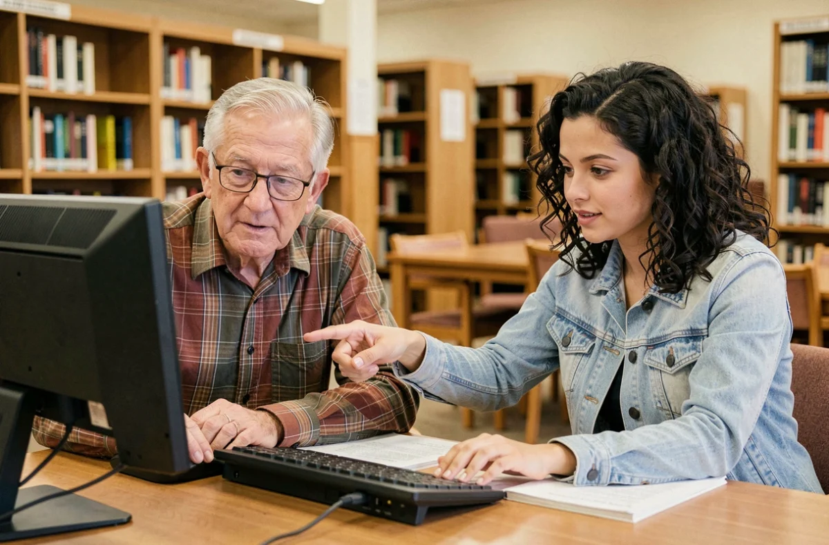 Un senior apprenant à utiliser internet avec l'aide d'une jeune femme dans une bibliothèque publique