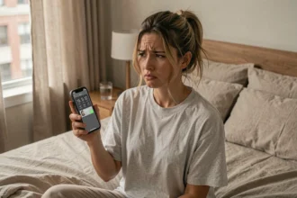 Femme frustrée au réveil tenant un iPhone dont l'alarme ne sonne pas, assise dans son lit le matin