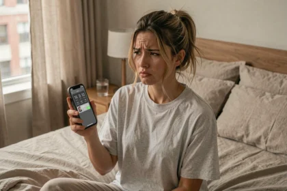 Femme frustrée au réveil tenant un iPhone dont l'alarme ne sonne pas, assise dans son lit le matin