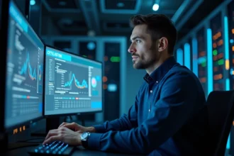 Analyste en cybersécurité examinant un certificat de networthiness sur des écrans de conformité logicielle dans une salle serveur