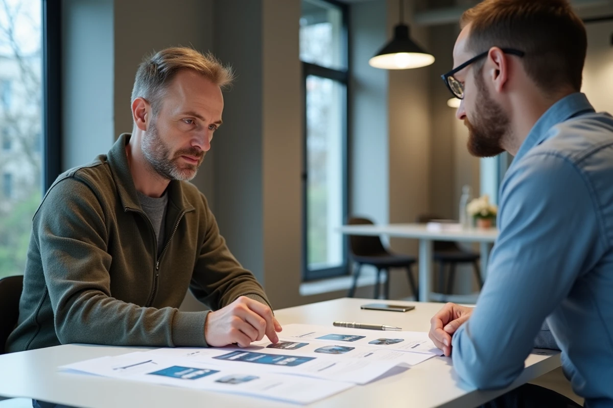 Artisan indépendant en réunion avec un consultant d'agence web pour la refonte de son site professionnel