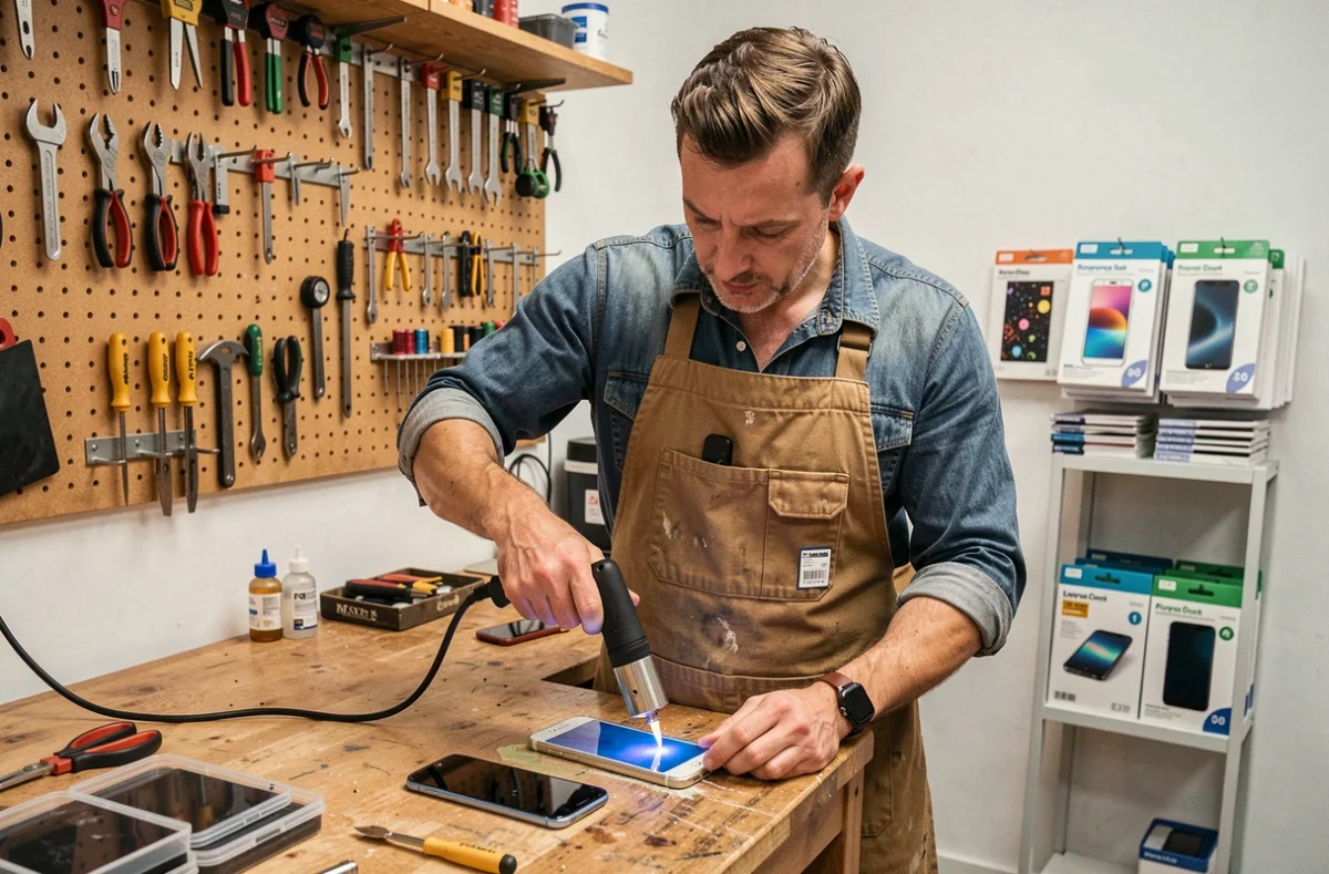 Technicien de l'Atelier du Smartphone Amiens utilisant un pistolet thermique pour décoller un écran