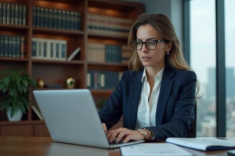 Avocate en cabinet utilisant un logiciel de gestion en ligne sur ordinateur portable