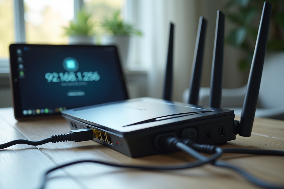 Câble réseau branché sur un routeur avec tablette affichant IP