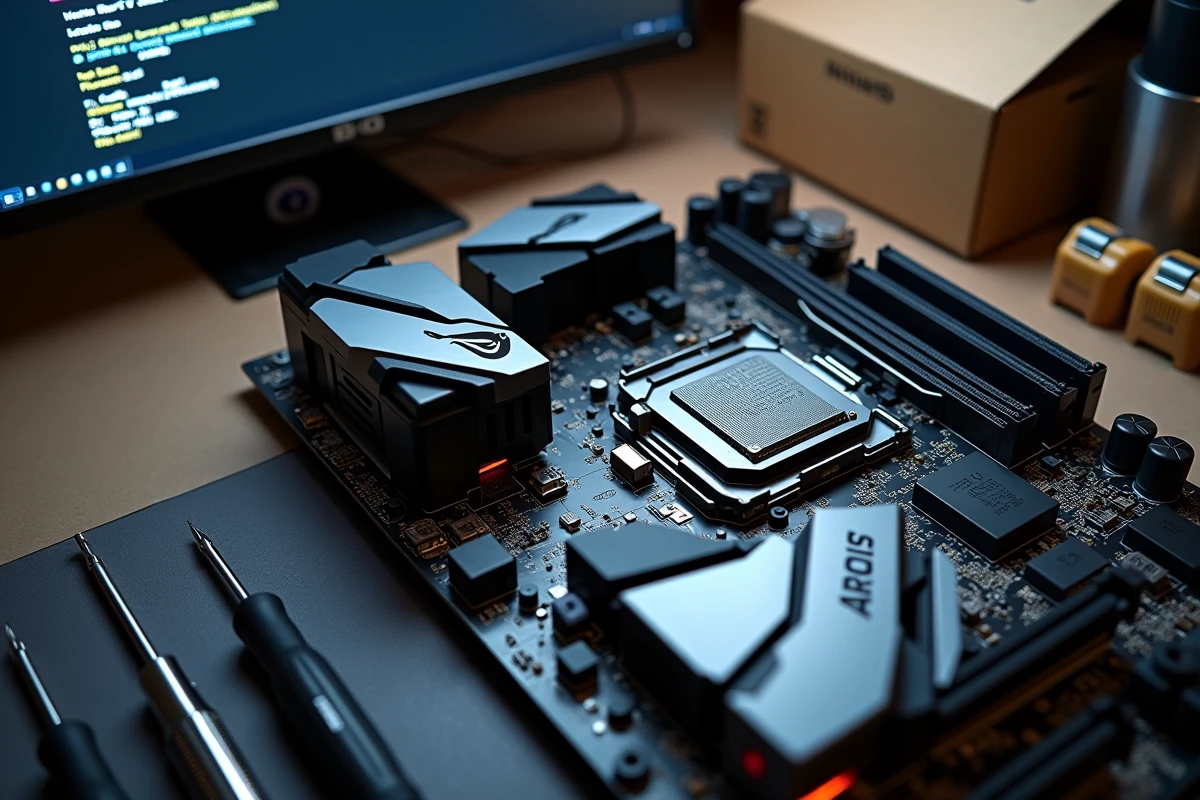 Carte mère AORUS avec interface BIOS visible en arrière-plan pour résolution d'un boot en boucle