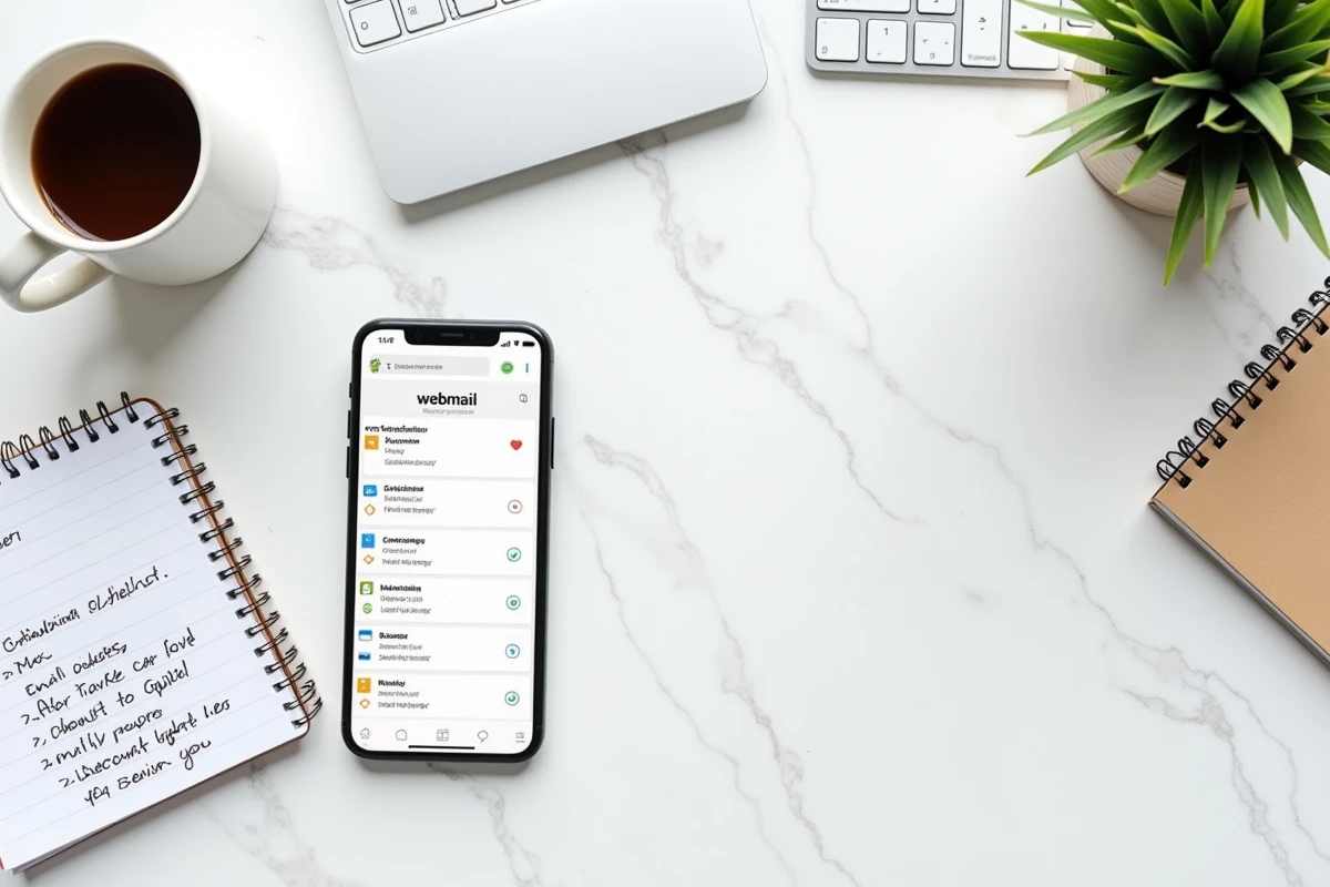 Vue de dessus d'un bureau avec smartphone affichant un webmail, carnet de migration et clavier sans fil sur marbre blanc