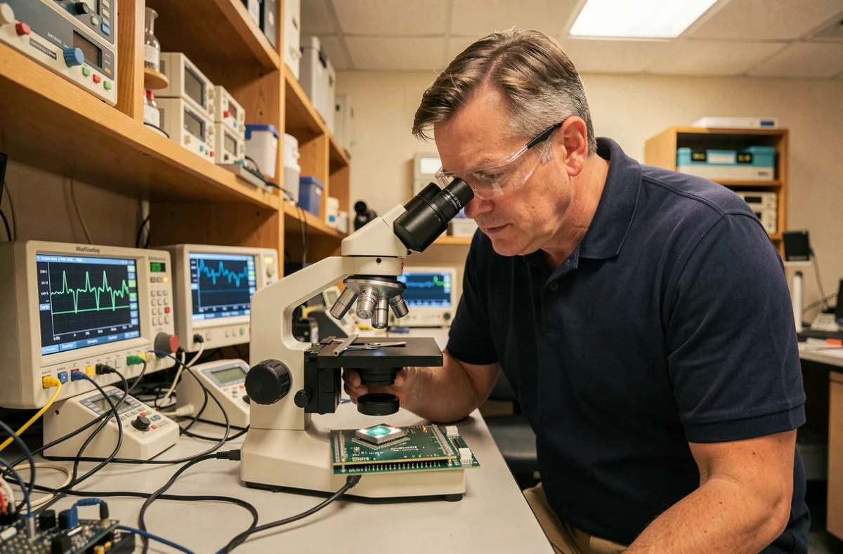 Chercheur scientifique analysant un capteur MEMS sous microscope optique dans un laboratoire de recherche universitaire équipé d'instruments de mesure électronique