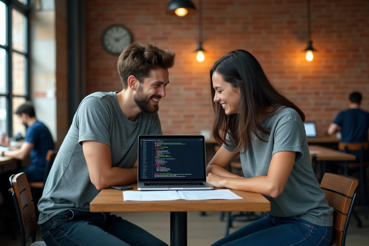 Deux programmeurs collaborant sur l'analyse de code Python et de listes dans un espace de coworking
