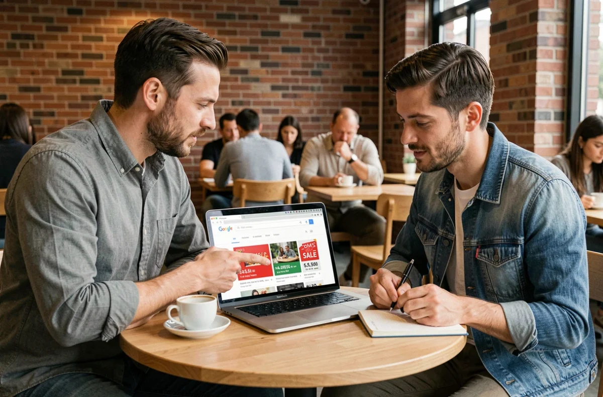 Deux collègues comparant des promotions américaines sur Google USA dans un café urbain