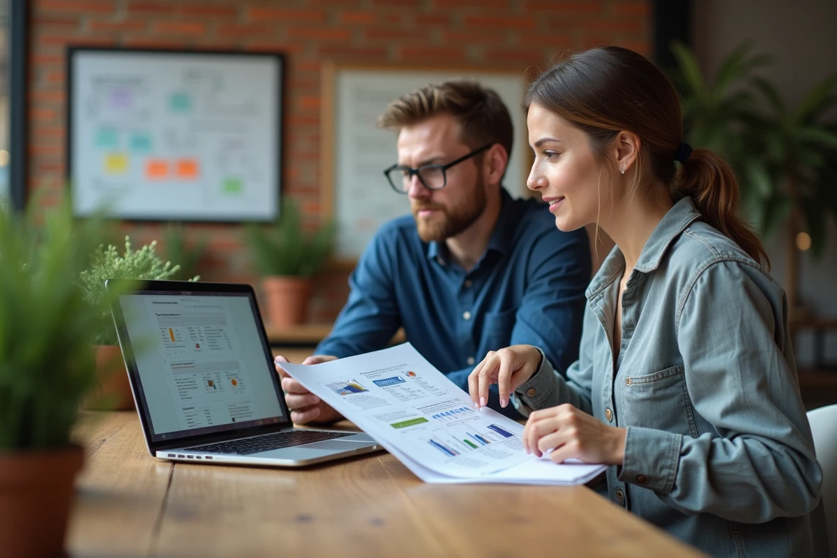 Deux collègues informaticiens comparant des solutions de virtualisation de bureau VDI sur un ordinateur portable dans un espace de travail moderne
