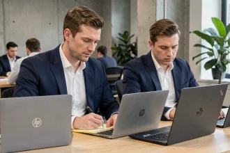 Professionnel comparant trois ordinateurs portables Dell, HP et Lenovo côte à côte dans un bureau moderne