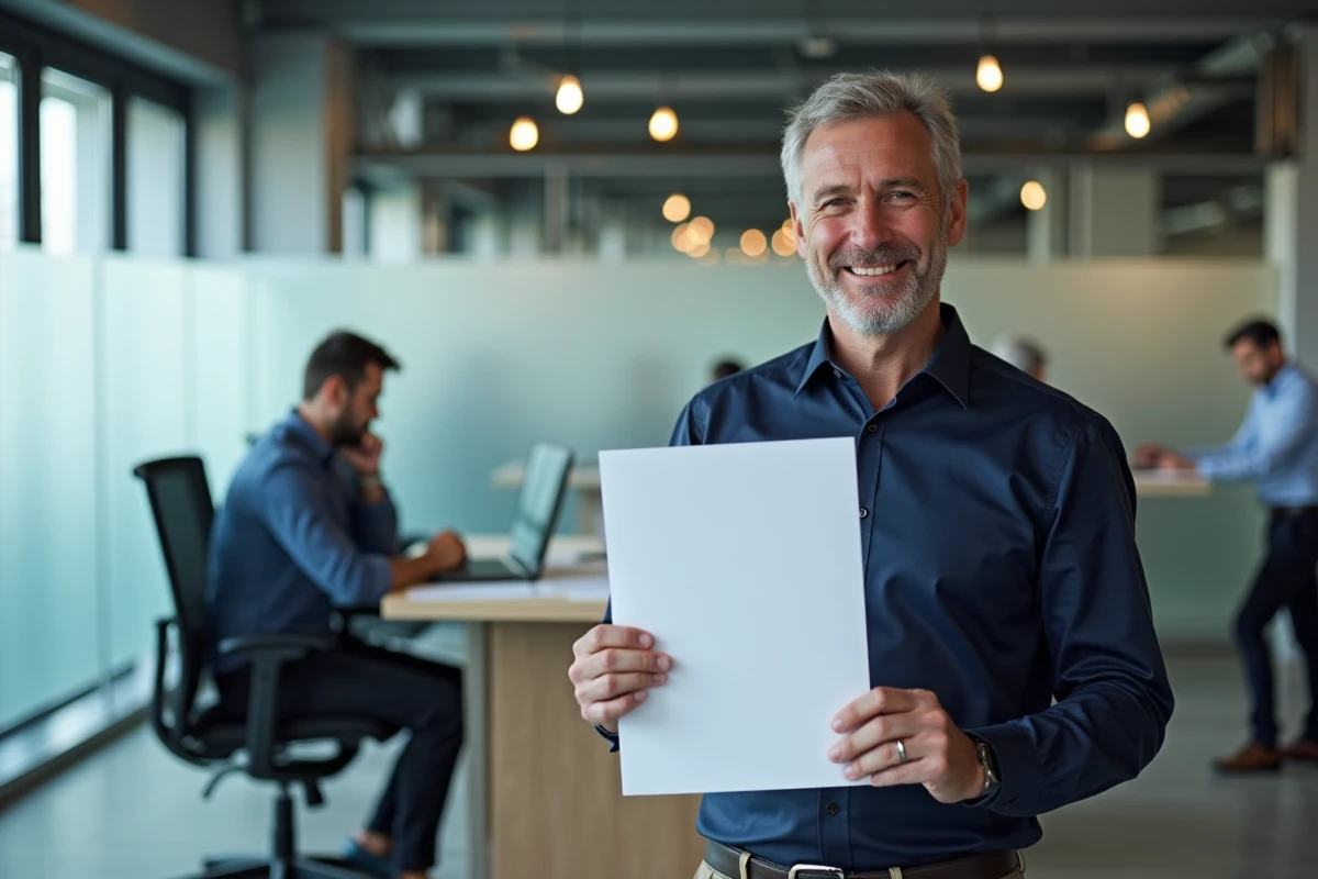 Homme en bureau moderne comparant une feuille imprimée au format A4 avec les dimensions en pixels affichées sur un ordinateur portable