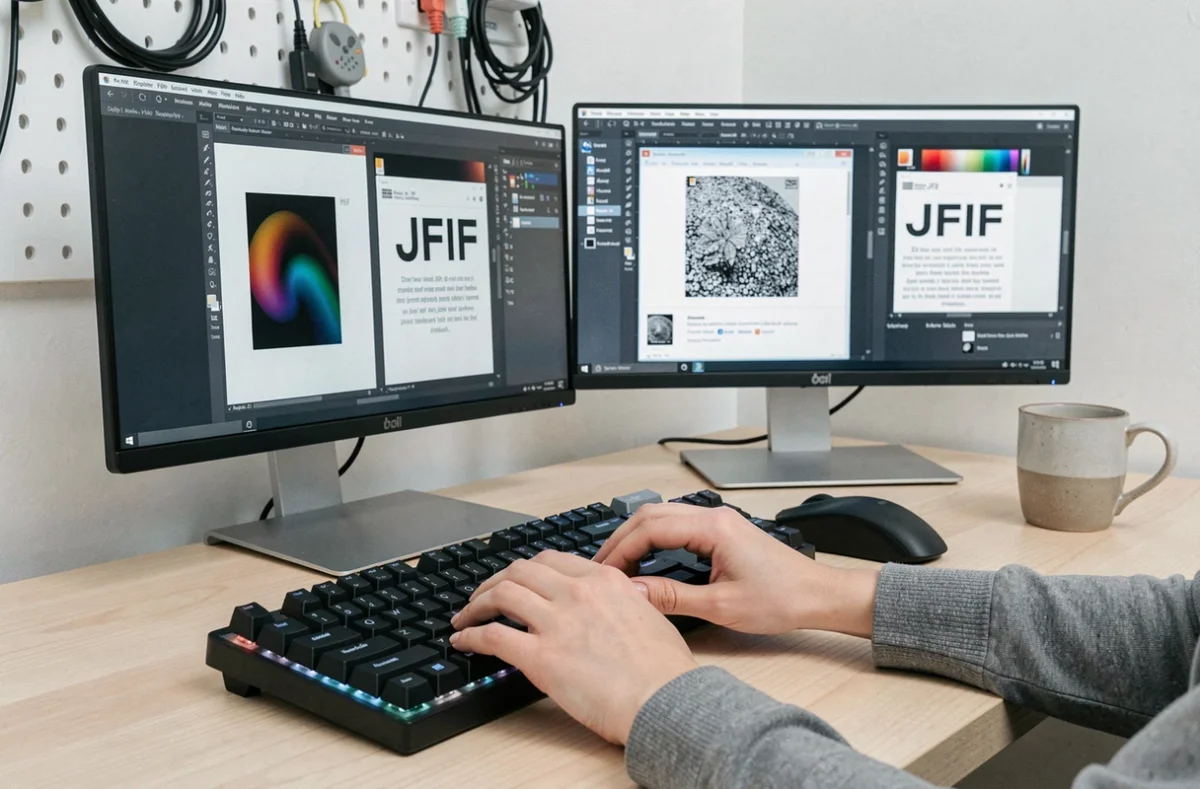 Comparaison côte à côte d'un fichier JFIF et d'un fichier JPEG converti affiché sur deux écrans d'ordinateur