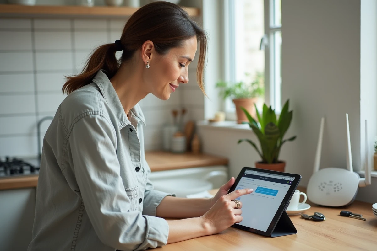 Femme consultant l'interface de configuration de sa box internet depuis une tablette dans une cuisine moderne
