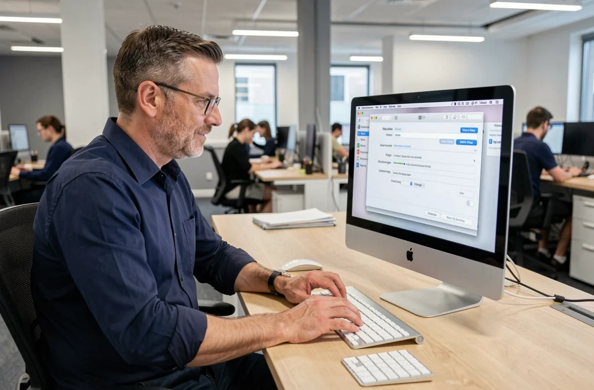 Homme en open space configurant un clavier QWERTY sur macOS avec un iMac