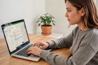 Femme configurant un clavier QWERTY sur Windows depuis son bureau à domicile