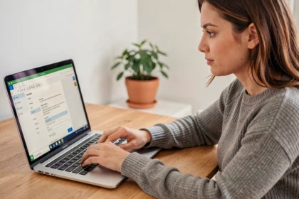 Femme configurant un clavier QWERTY sur Windows depuis son bureau à domicile