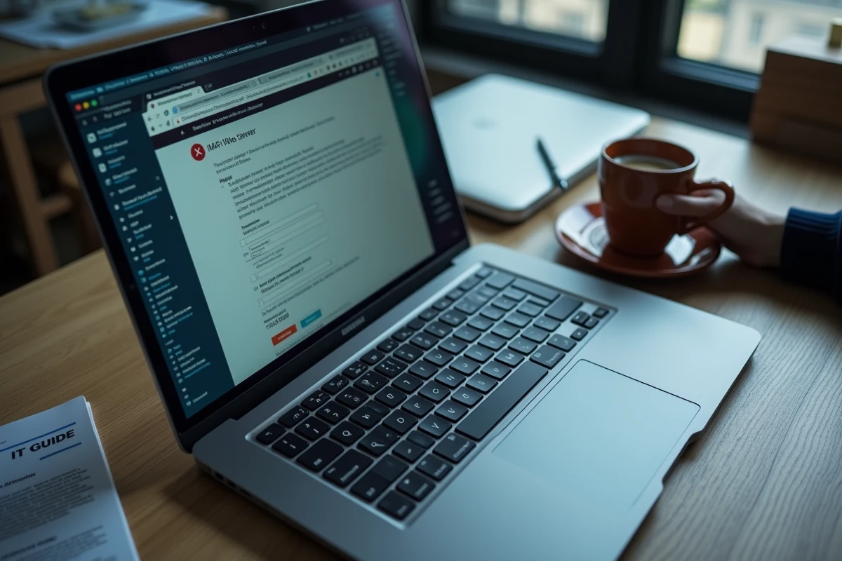 Configuration des paramètres IMAP SMTP d'un webmail universitaire sur un ordinateur portable avec guide imprimé
