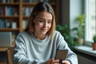 Étudiante configurant sa messagerie académique sur smartphone dans une chambre universitaire