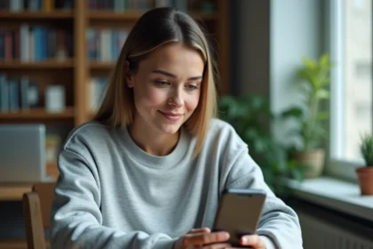 Étudiante configurant sa messagerie académique sur smartphone dans une chambre universitaire