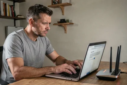 Homme frustré face à une erreur de connexion à l'adresse 192.168.1.168 sur son ordinateur portable après un reset de box