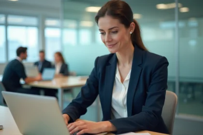 Femme professionnelle se connectant à une messagerie sécurisée Zimbra sur son ordinateur portable au bureau