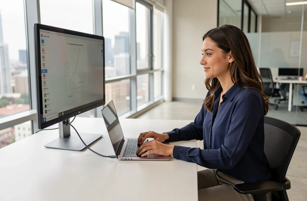 Femme connectant un laptop à un écran OLED 27 pouces via USB-C dans un bureau moderne