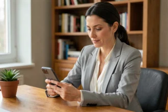 Femme consultant ses mails professionnels sur smartphone dans un bureau à domicile