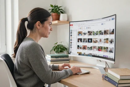 Femme devant un écran d'ordinateur consultant une interface de conversion de fichiers image JFIF en JPEG
