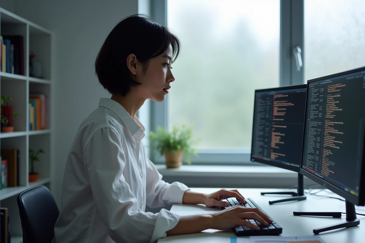 Data scientist travaillant sur l'optimisation d'un réseau ResNet en Python dans un bureau minimaliste à domicile