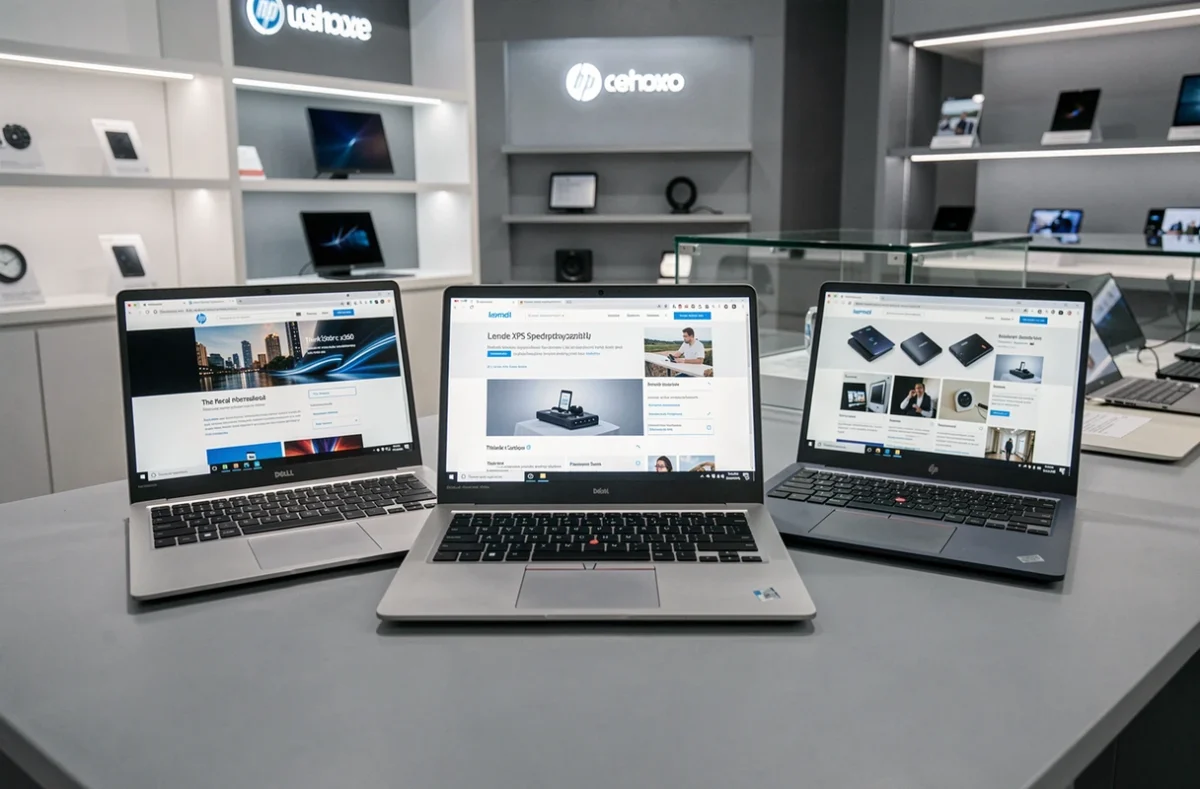 Trois ordinateurs portables Dell XPS HP Spectre et Lenovo ThinkPad comparés sur un présentoir de magasin tech