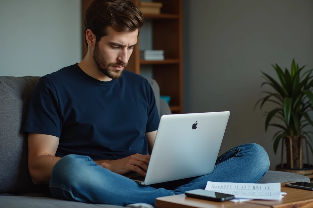 Jeune homme consultant un guide de dépannage sur un ordinateur portable pour corriger une erreur d'installation Win 64